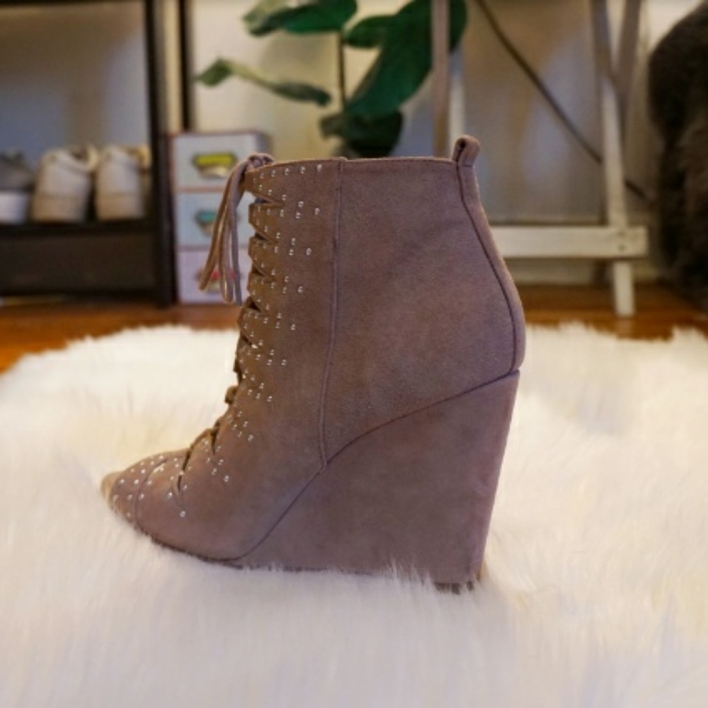 Tan faux suede studded wedges